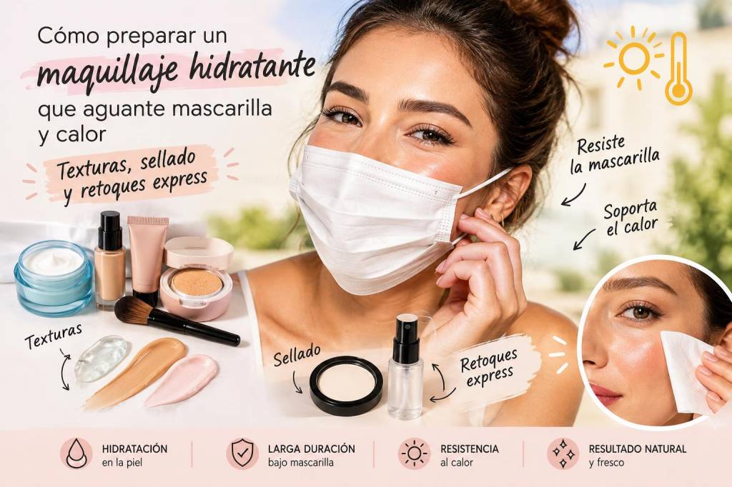 Cómo preparar un maquillaje hidratante que aguante mascarilla y calor: texturas, sellado y retoques express